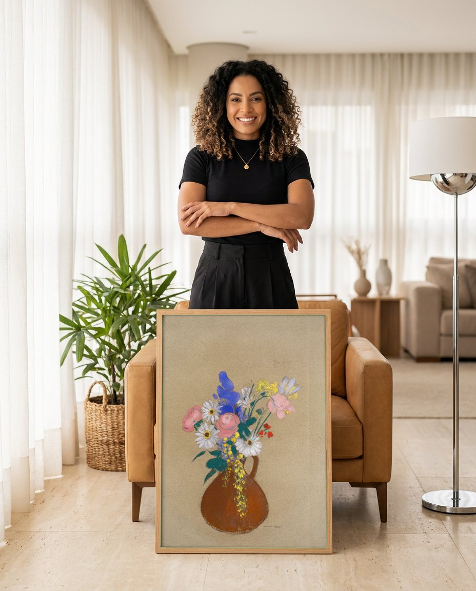 Quadro Decorativo Vaso de Flores - Odilon Redon | modelo apresentando o quadro emoldurado