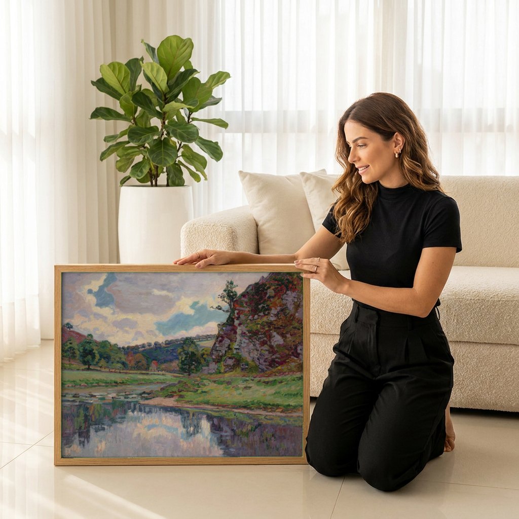 Quadro Decorativo Paisagem com Rio - Armand Guillaumin | modelo apresentando o quadro emoldurado