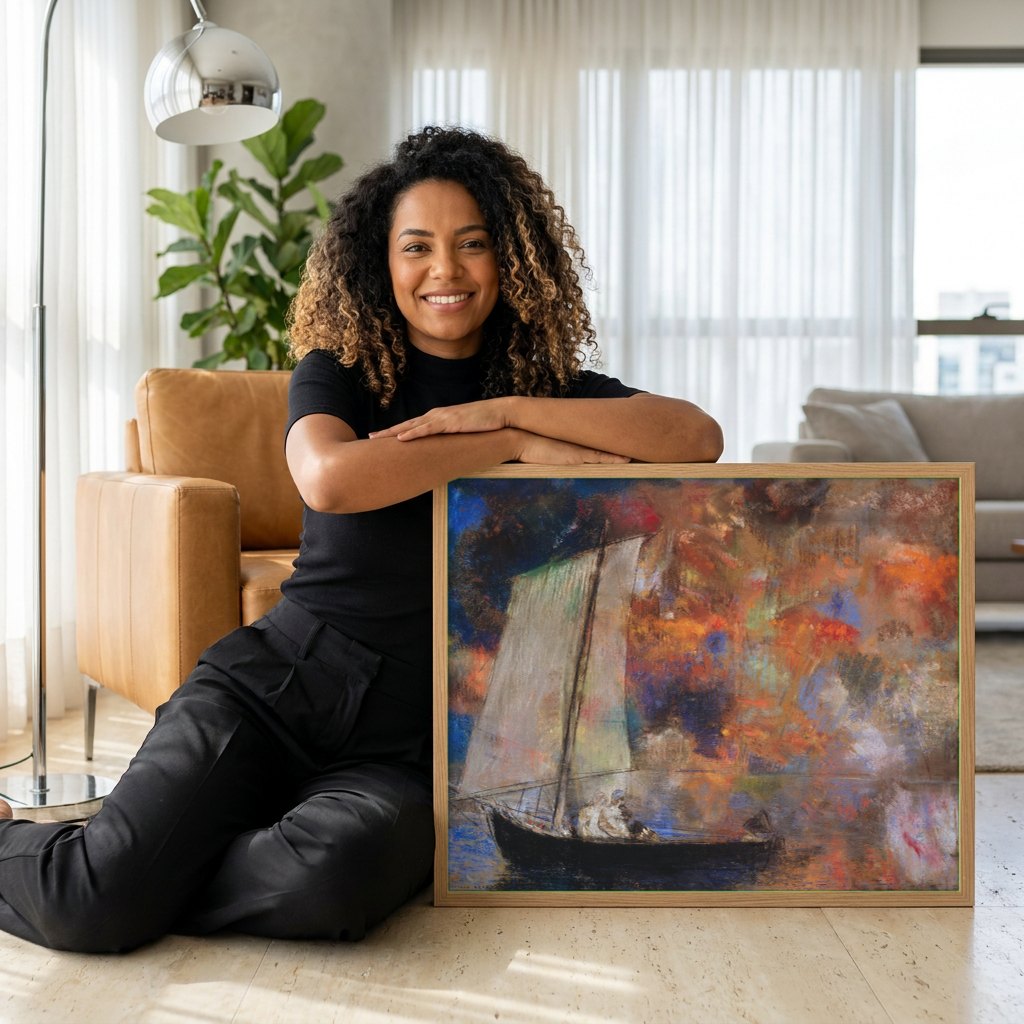 Quadro Decorativo A Barca - Odilon Redon | modelo apresentando o quadro emoldurado