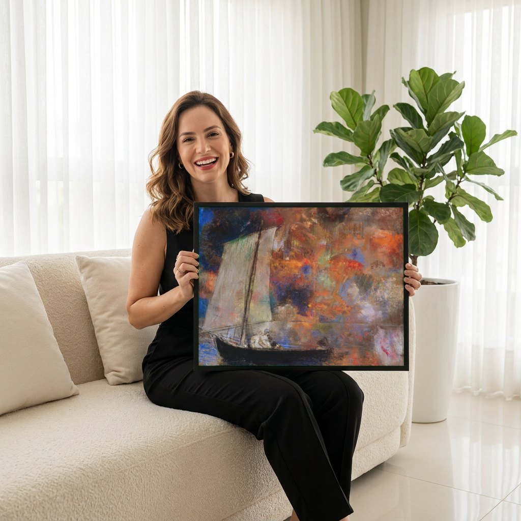 Quadro Decorativo A Barca - Odilon Redon | modelo apresentando o quadro emoldurado