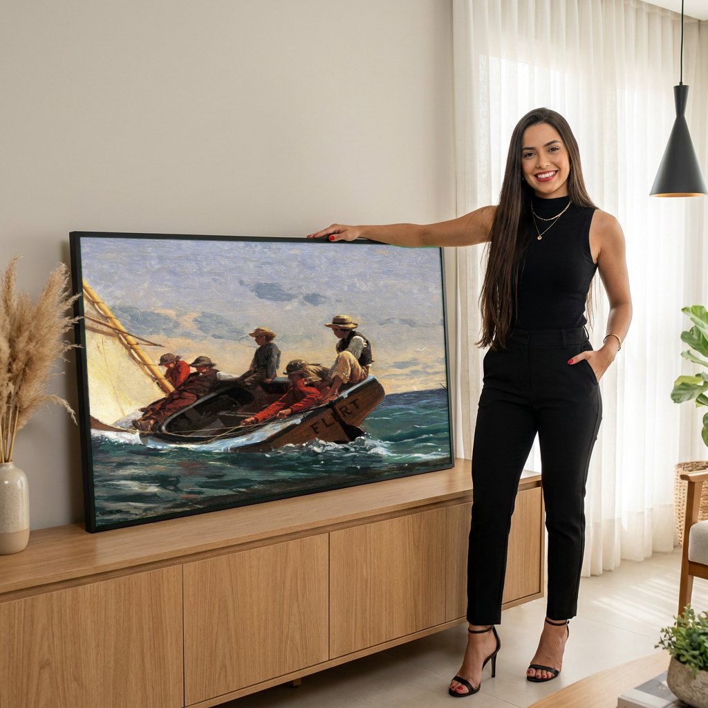 Quadro Decorativo Breezing Up (A Fair Wind) - Winslow Homer | modelo apresentando o quadro emoldurado