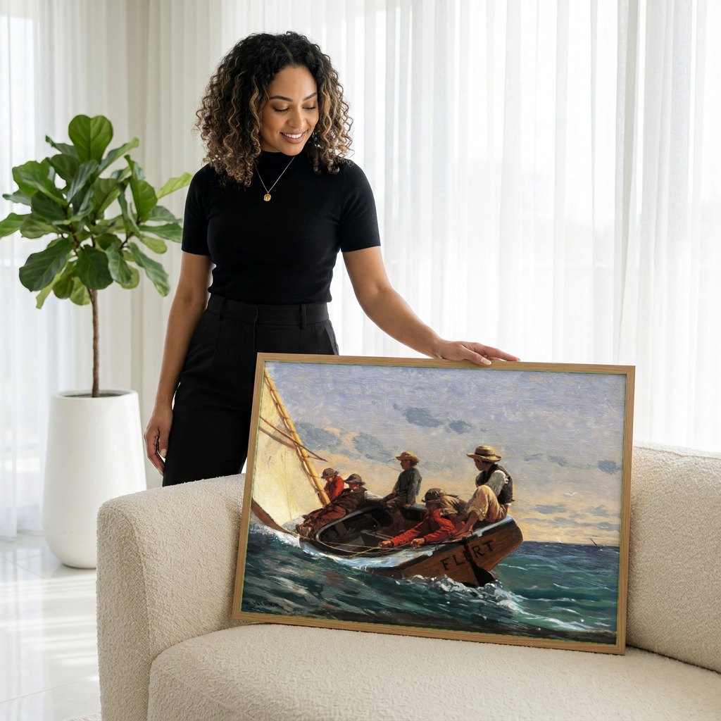 Quadro Decorativo Breezing Up (A Fair Wind) - Winslow Homer | modelo apresentando o quadro emoldurado