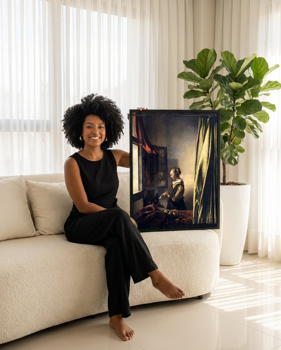 Quadro Decorativo Moça Lendo Carta - Johannes Vermeer | modelo apresentando o quadro emoldurado