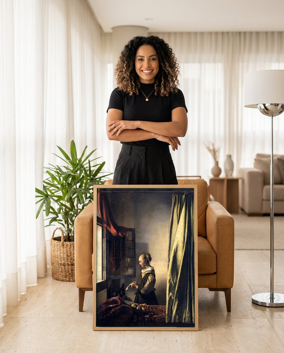 Quadro Decorativo Moça Lendo Carta - Johannes Vermeer | modelo apresentando o quadro emoldurado