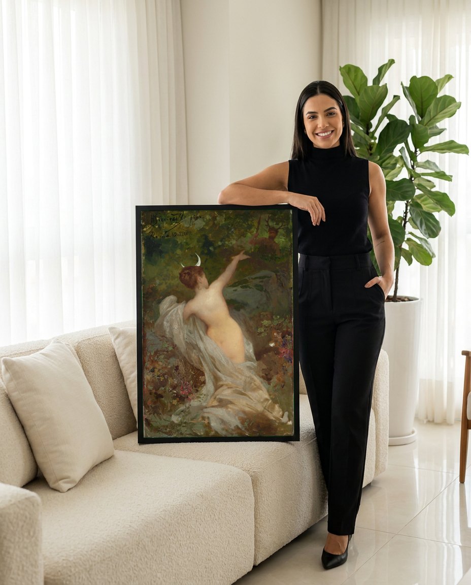Quadro Decorativo A Ninfa e o Sátiro - Henryk Siemiradzki | modelo apresentando o quadro emoldurado