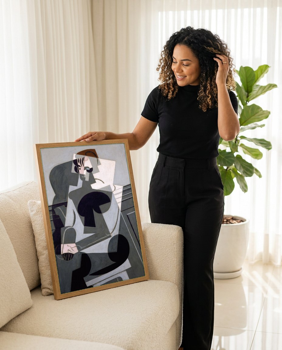 Quadro Decorativo A Mulher Sentada - Juan Gris | modelo apresentando o quadro emoldurado