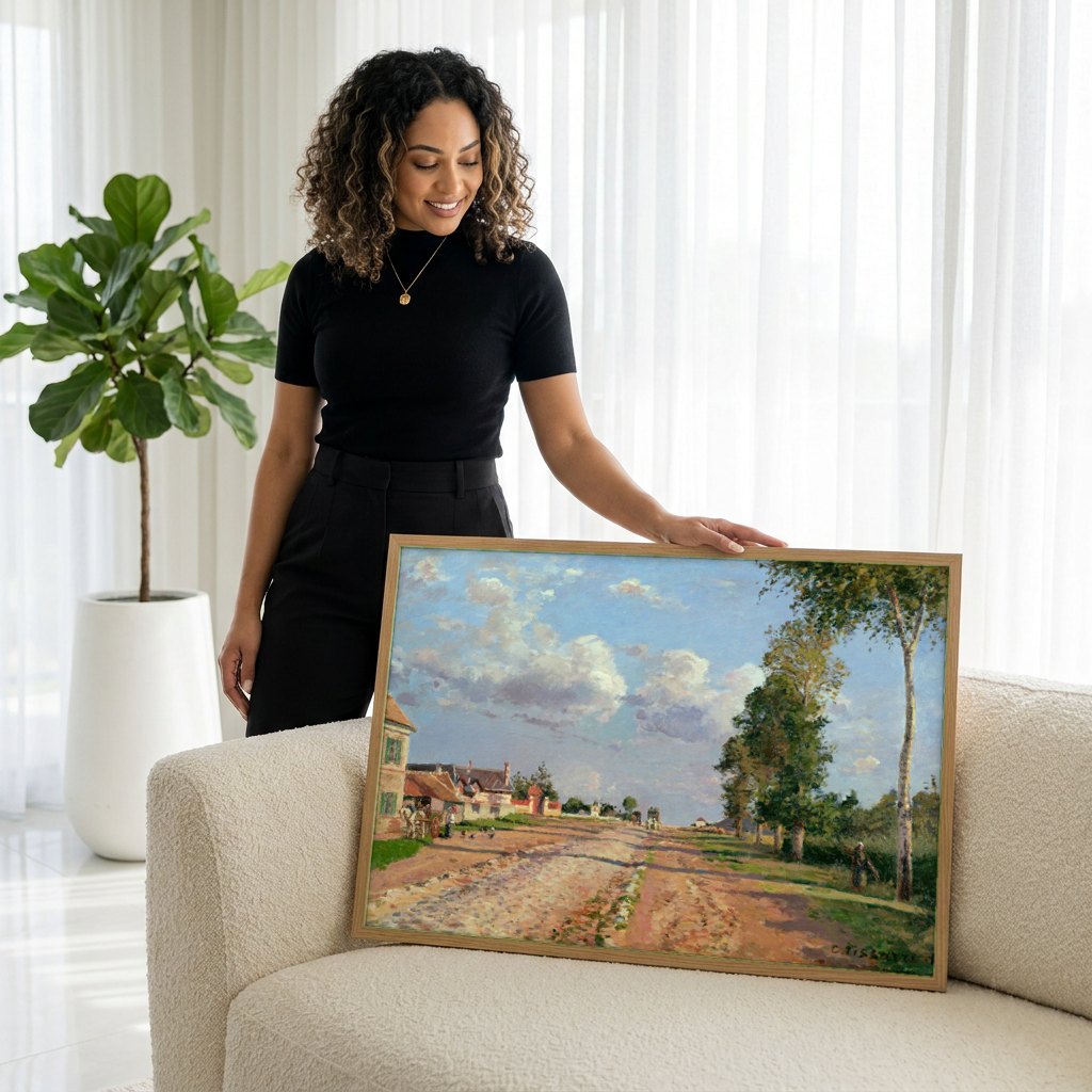 Quadro Decorativo A Estrada de Louveciennes - Pissarro | modelo apresentando o quadro emoldurado