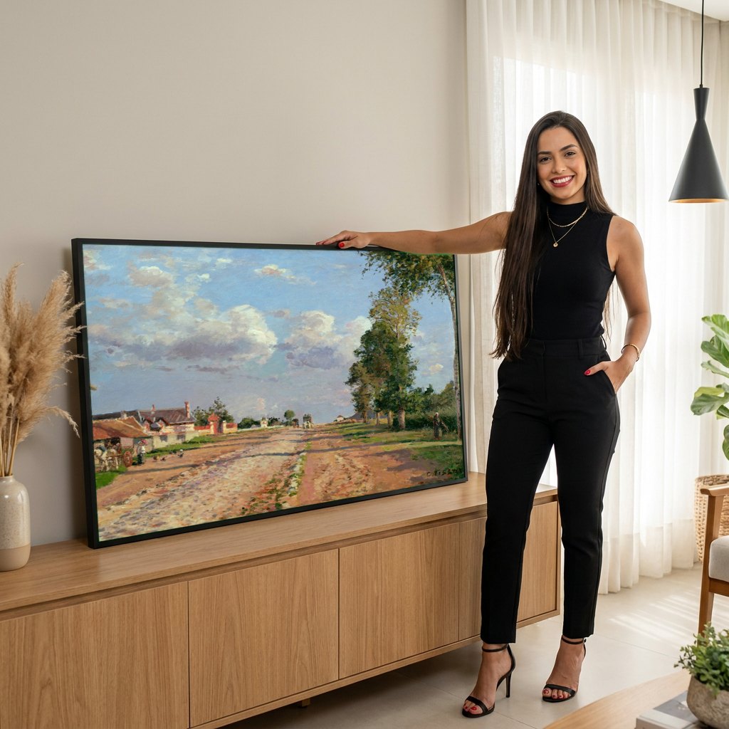 Quadro Decorativo A Estrada de Louveciennes - Pissarro | modelo apresentando o quadro emoldurado