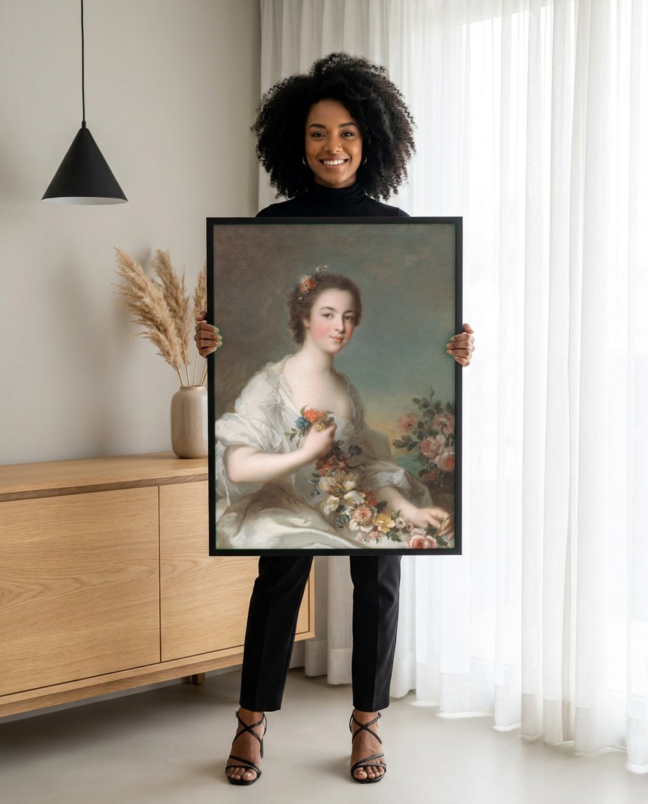 Quadro Decorativo A Jovem Florista - Jean-Marc Nattier | modelo apresentando o quadro emoldurado