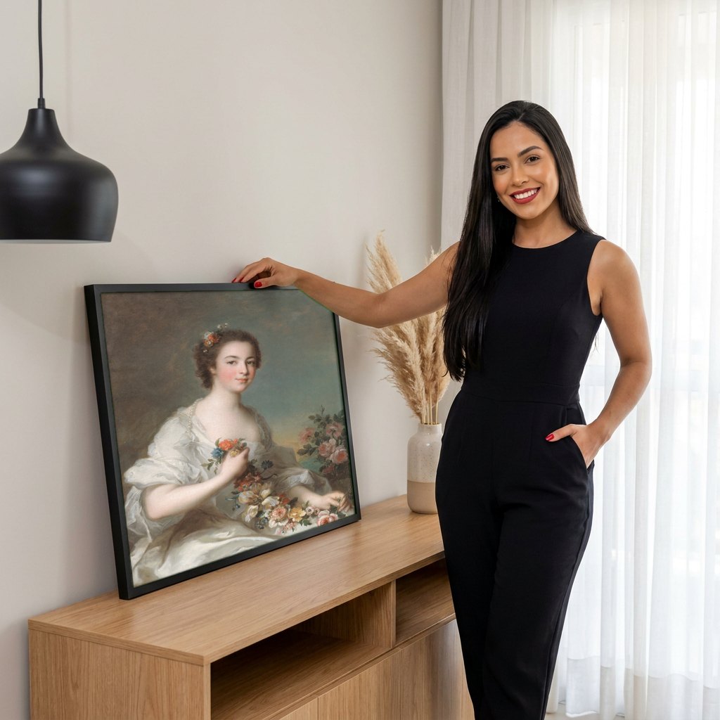 Quadro Decorativo A Jovem Florista - Jean-Marc Nattier | modelo apresentando o quadro emoldurado
