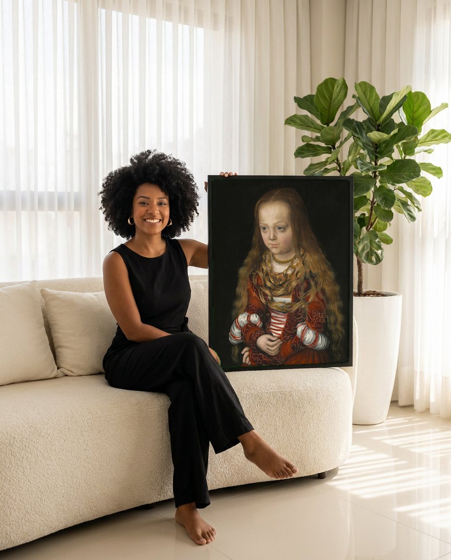 Quadro Decorativo Retrato de Menina - Cranach, o Velho | modelo apresentando o quadro emoldurado