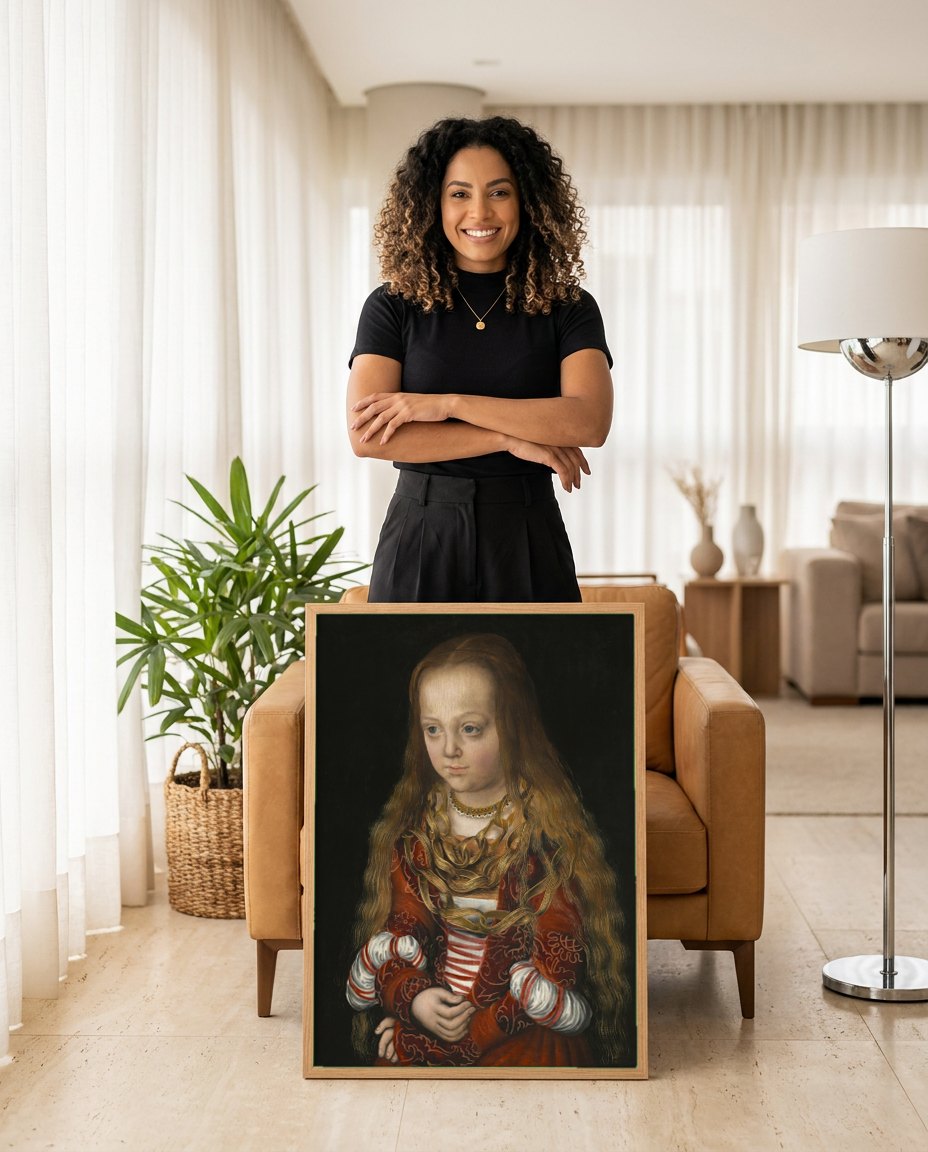 Quadro Decorativo Retrato de Menina - Cranach, o Velho | modelo apresentando o quadro emoldurado
