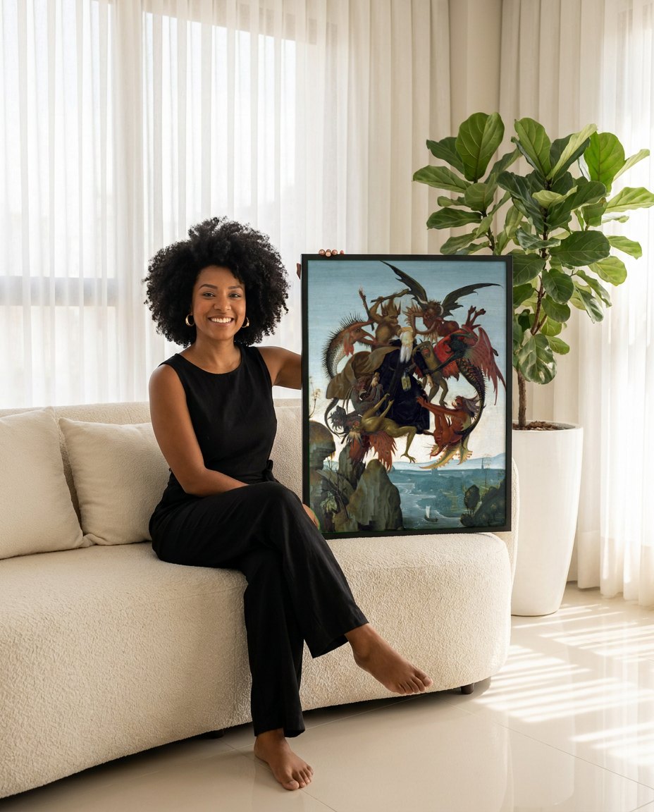 Quadro Decorativo A Tentação de Santo Antão - Michelangelo | modelo apresentando o quadro emoldurado