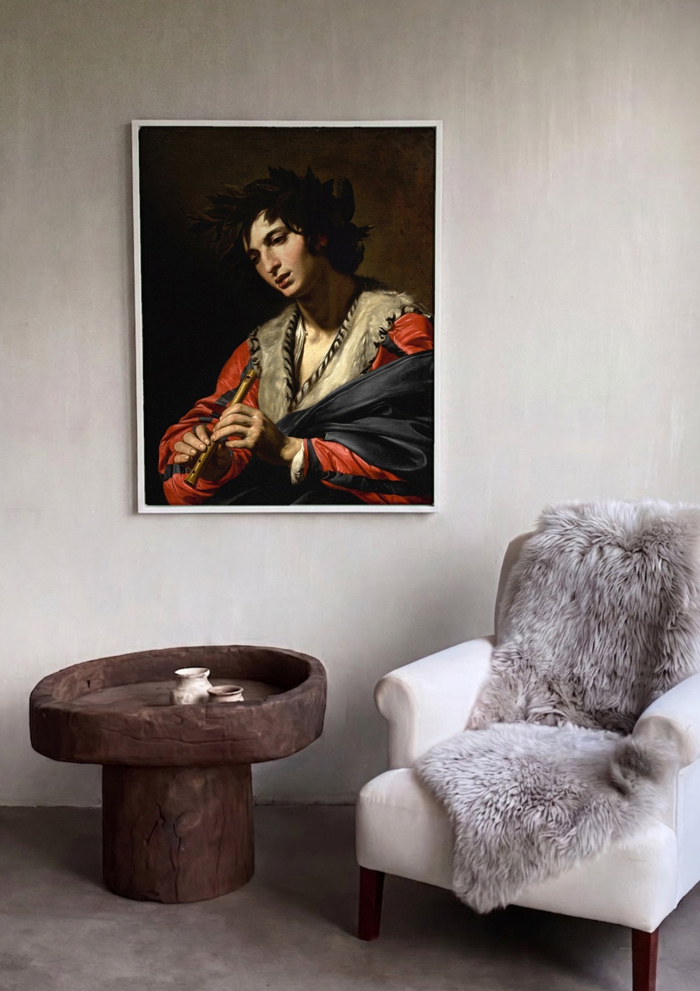 Quadro Decorativo O Flautista - Valentin de Boulogne em ambiente decorado