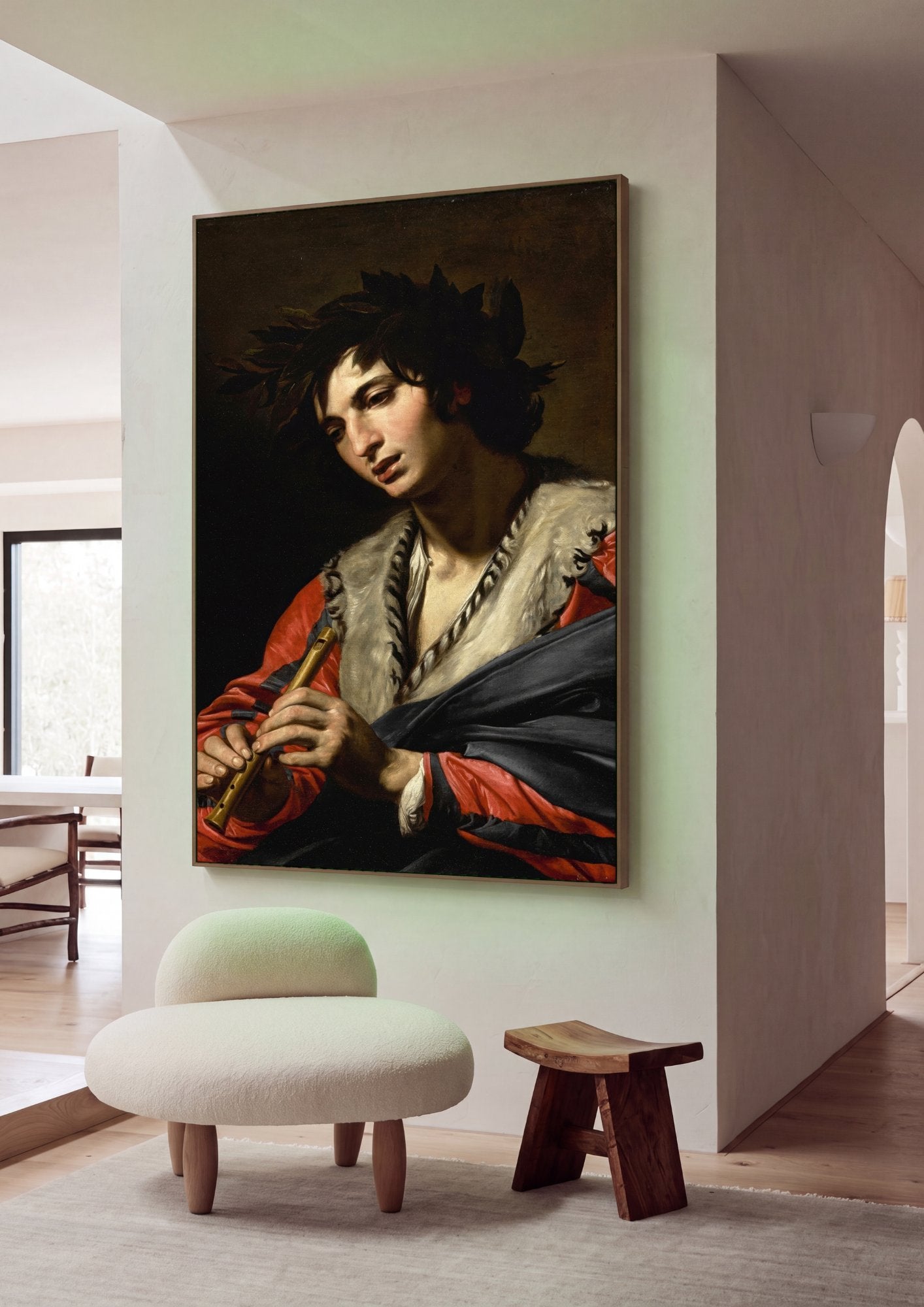Quadro Decorativo O Flautista - Valentin de Boulogne em ambiente decorado