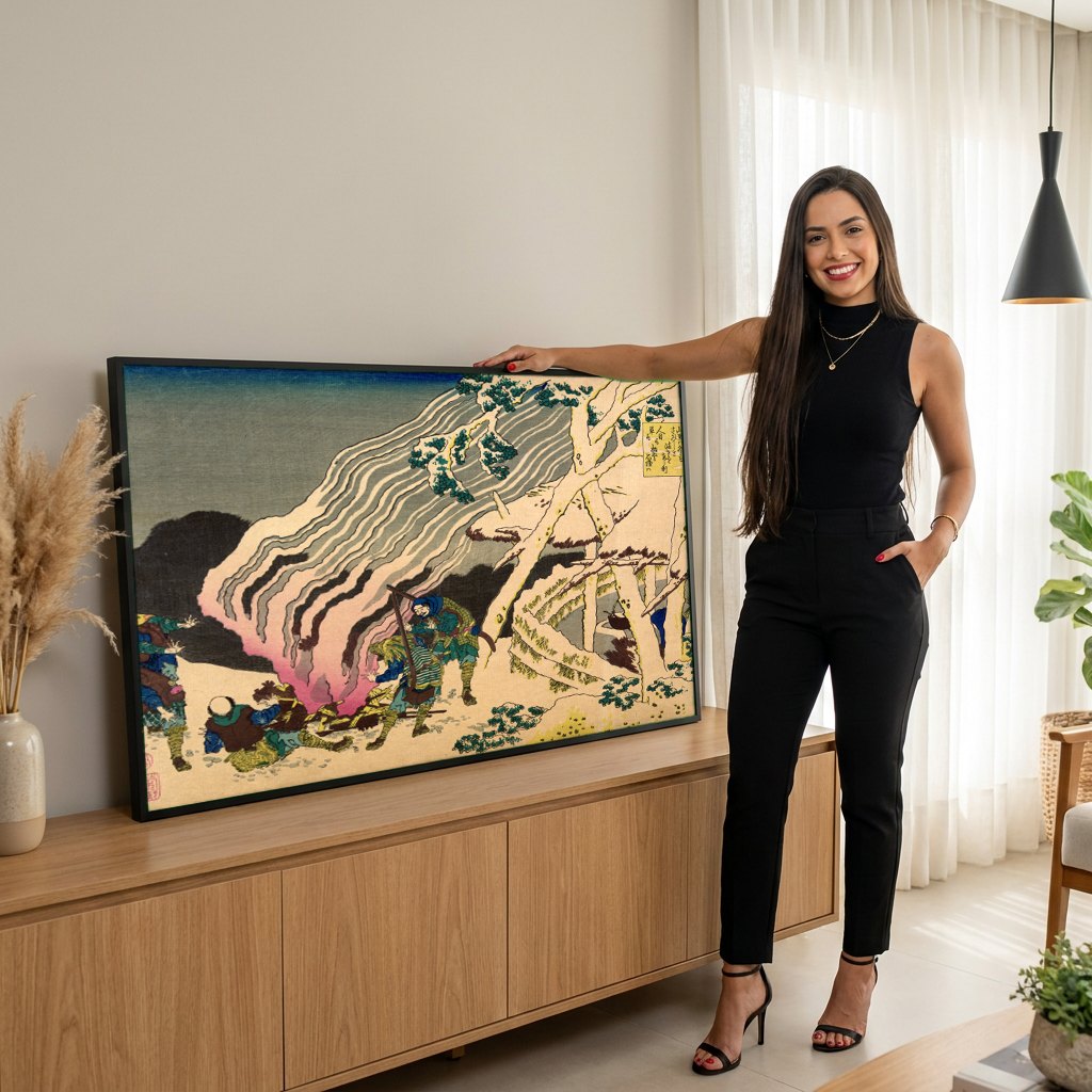 Quadro Decorativo A Fuga do Monte Yoshino - Hokusai | modelo apresentando o quadro emoldurado