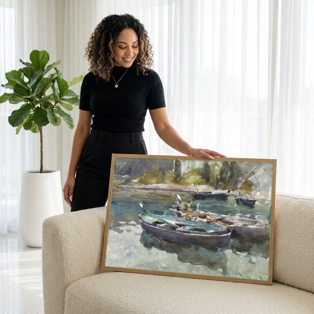 Quadro Decorativo Barcos em Veneza - John Singer Sargent | modelo apresentando o quadro emoldurado