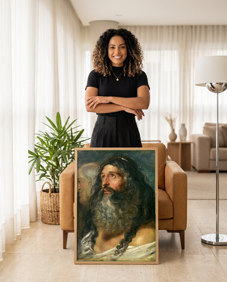 Quadro Decorativo 'A Cabeça de Ciro' - Rubens | modelo apresentando o quadro emoldurado