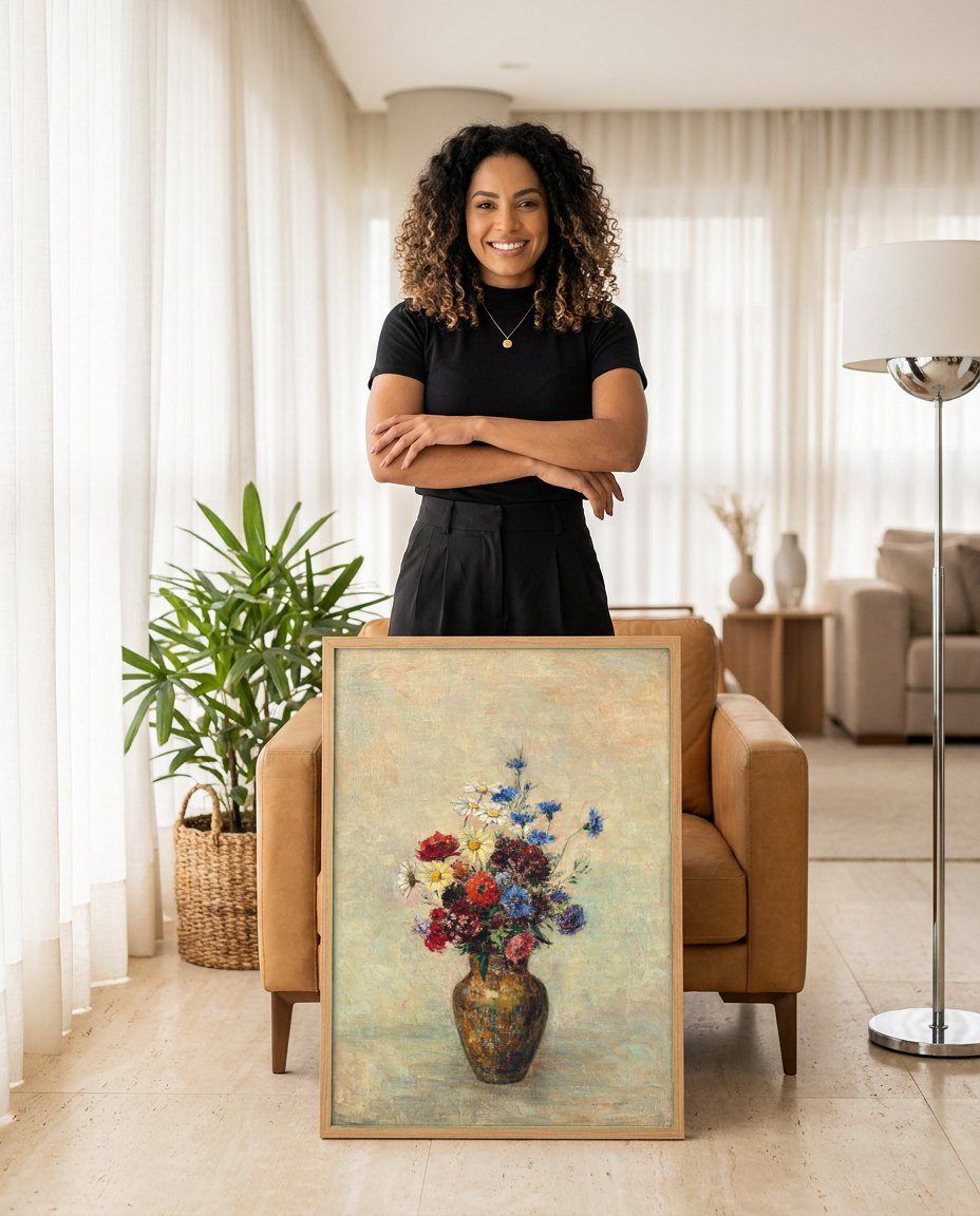 Quadro Decorativo Vaso de Flores - Odilon Redon | modelo apresentando o quadro emoldurado