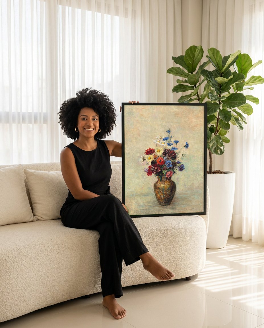 Quadro Decorativo Vaso de Flores - Odilon Redon | modelo apresentando o quadro emoldurado