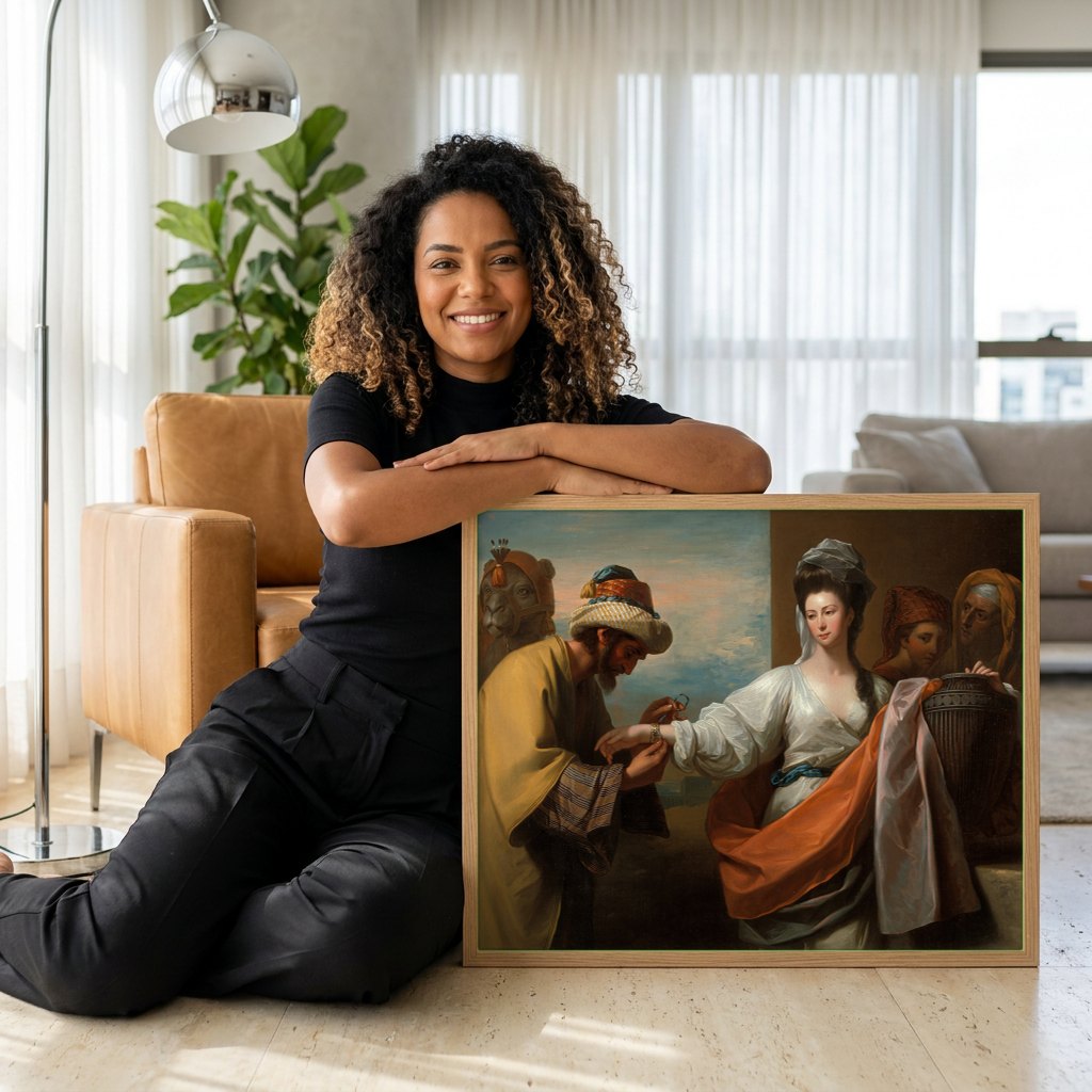 Quadro Decorativo A Oferta de Rebeca - Benjamin West | modelo apresentando o quadro emoldurado