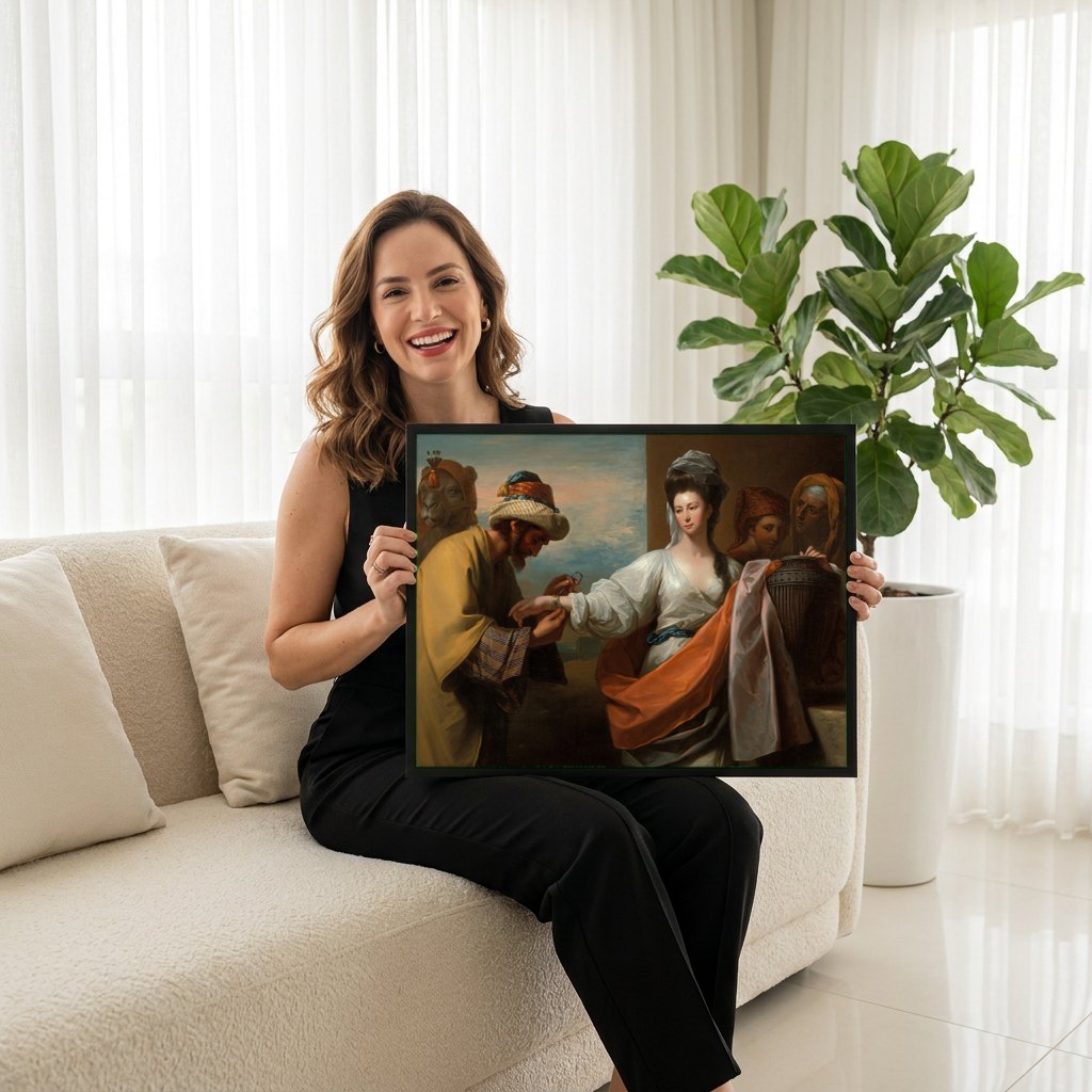 Quadro Decorativo A Oferta de Rebeca - Benjamin West | modelo apresentando o quadro emoldurado