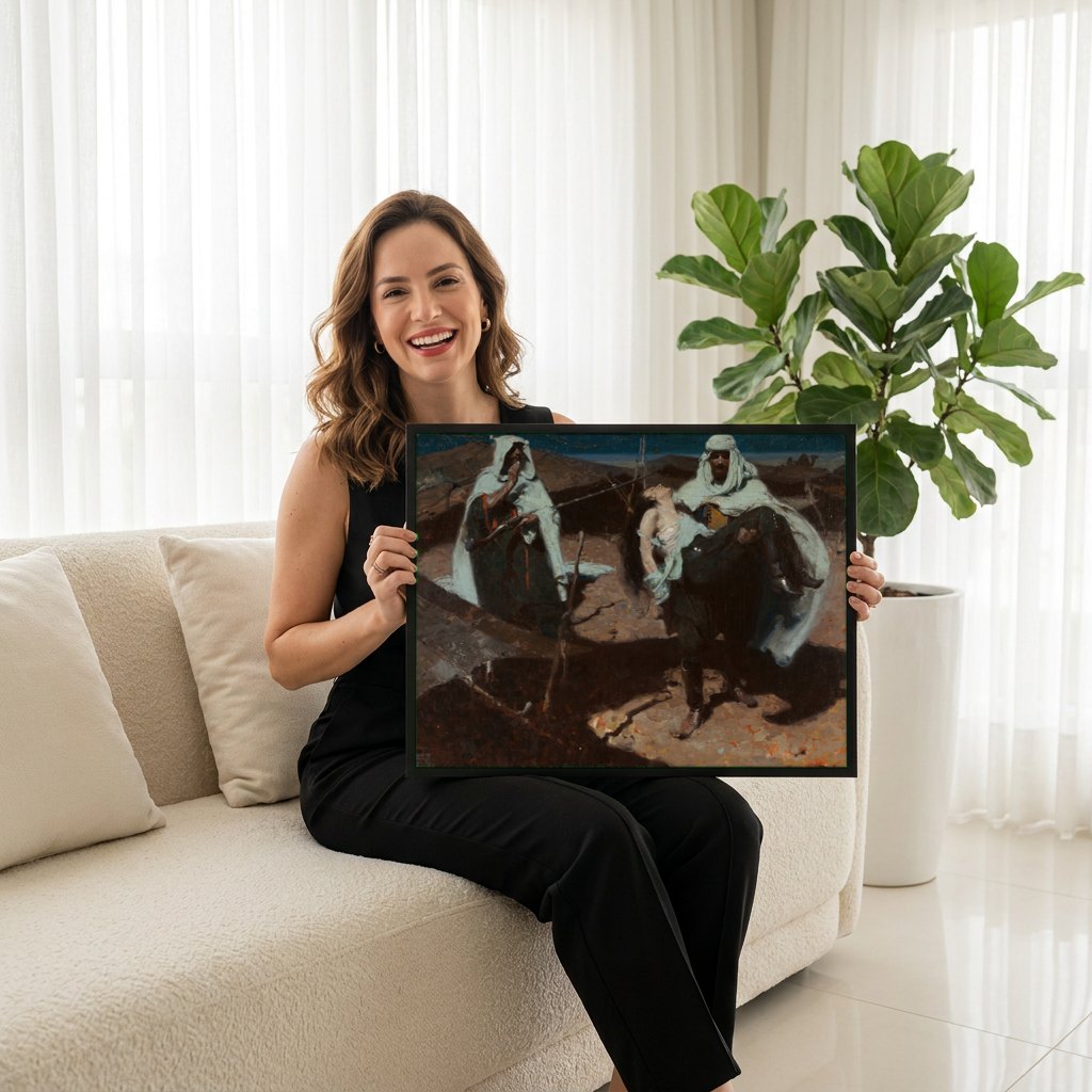 Quadro Decorativo A Fuga no Deserto - Dean Cornwell | modelo apresentando o quadro emoldurado