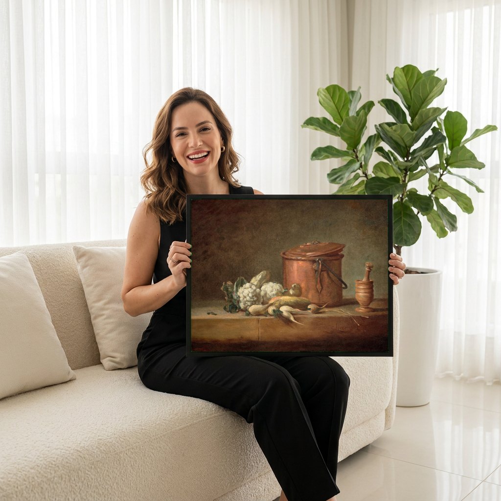 Quadro Decorativo Natureza-Morta com Panela de Cobre - Chardin | modelo apresentando o quadro emoldurado