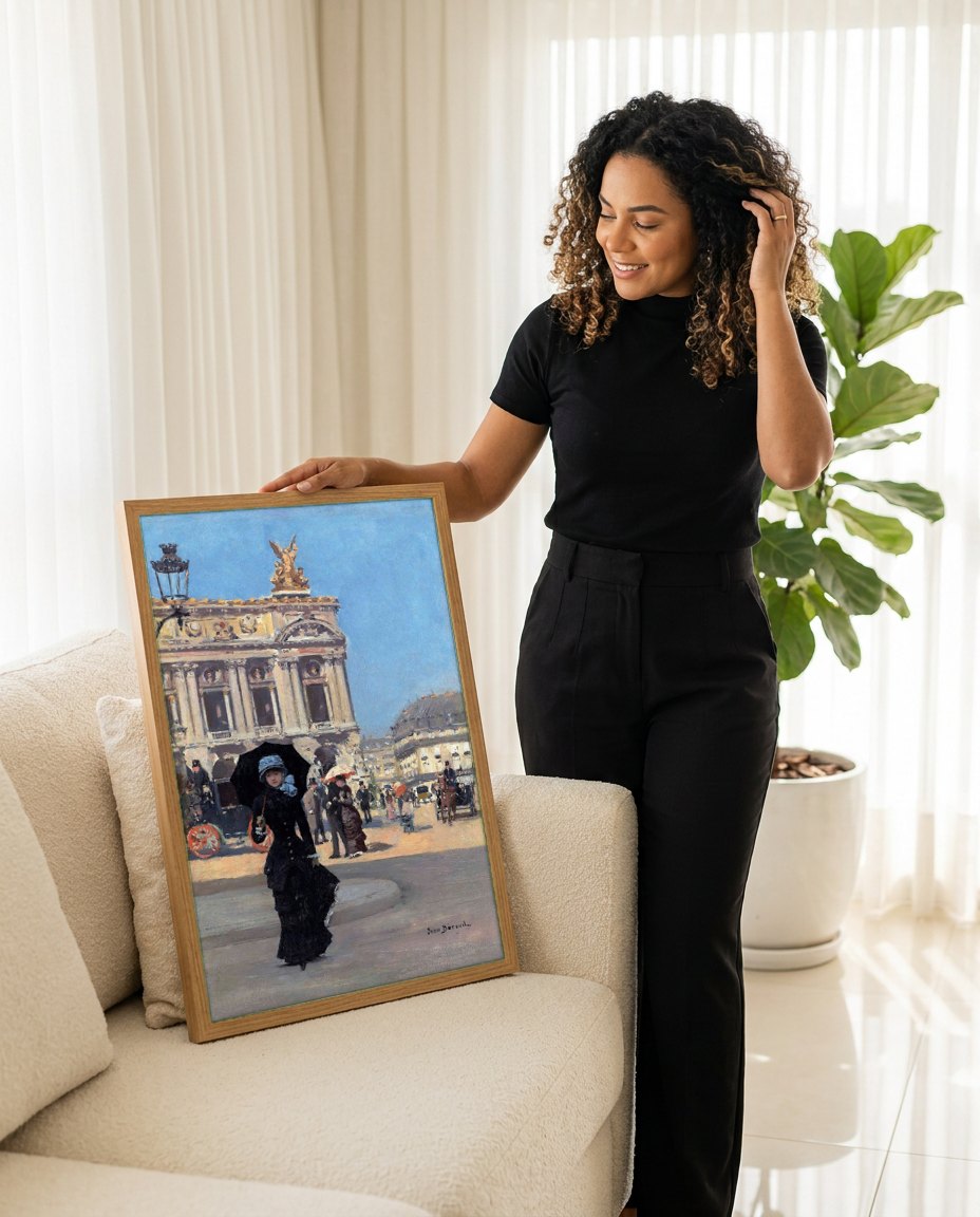 Quadro Decorativo A Saída da Ópera - Jean Béraud | modelo apresentando o quadro emoldurado