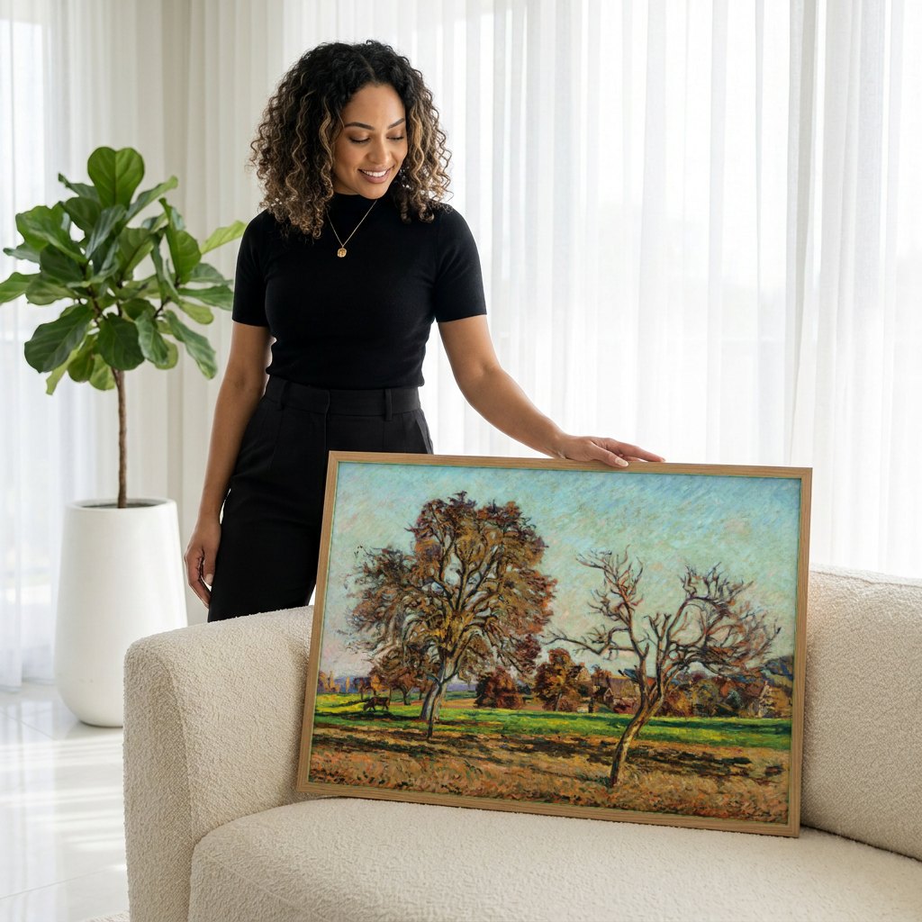 Quadro Decorativo Paisagem Outonal - Armand Guillaumin | modelo apresentando o quadro emoldurado