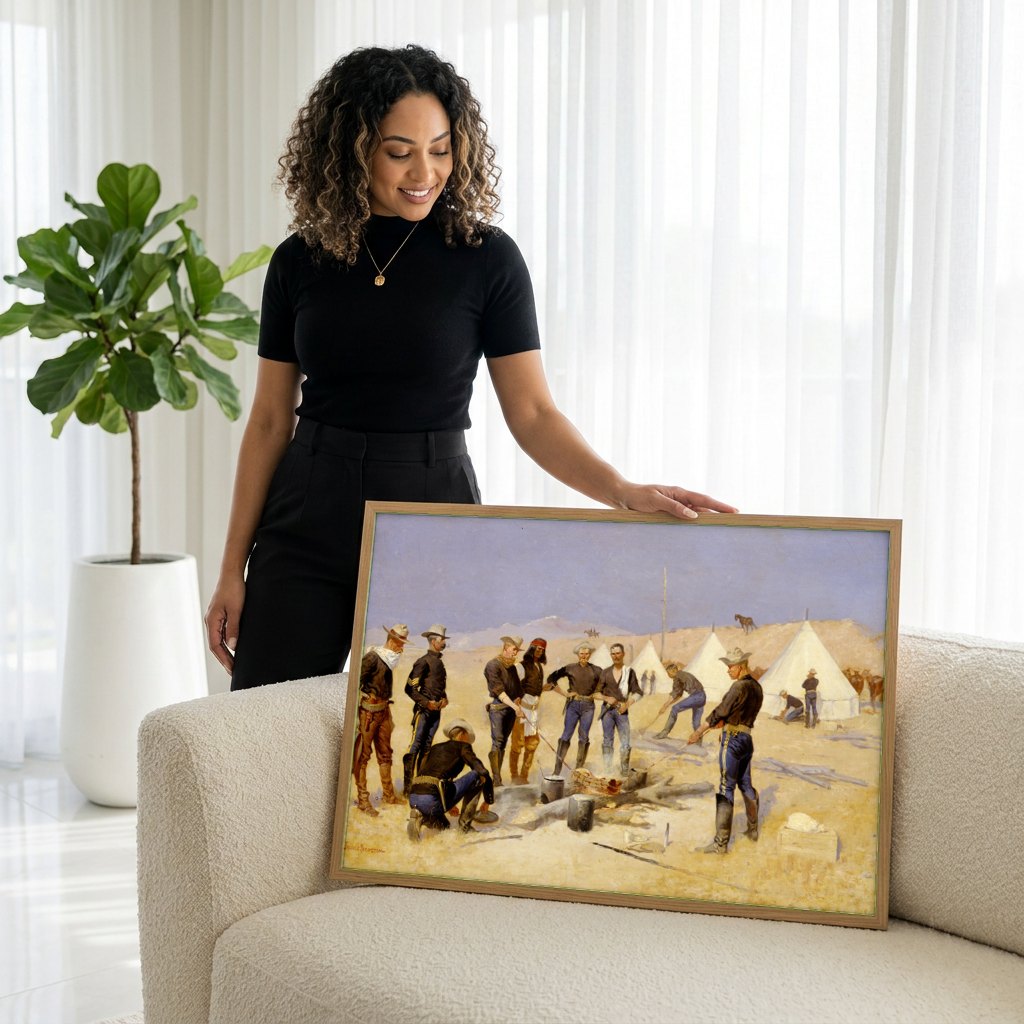 Quadro Decorativo A Cozinha do Acampamento - Frederic Remington | modelo apresentando o quadro emoldurado