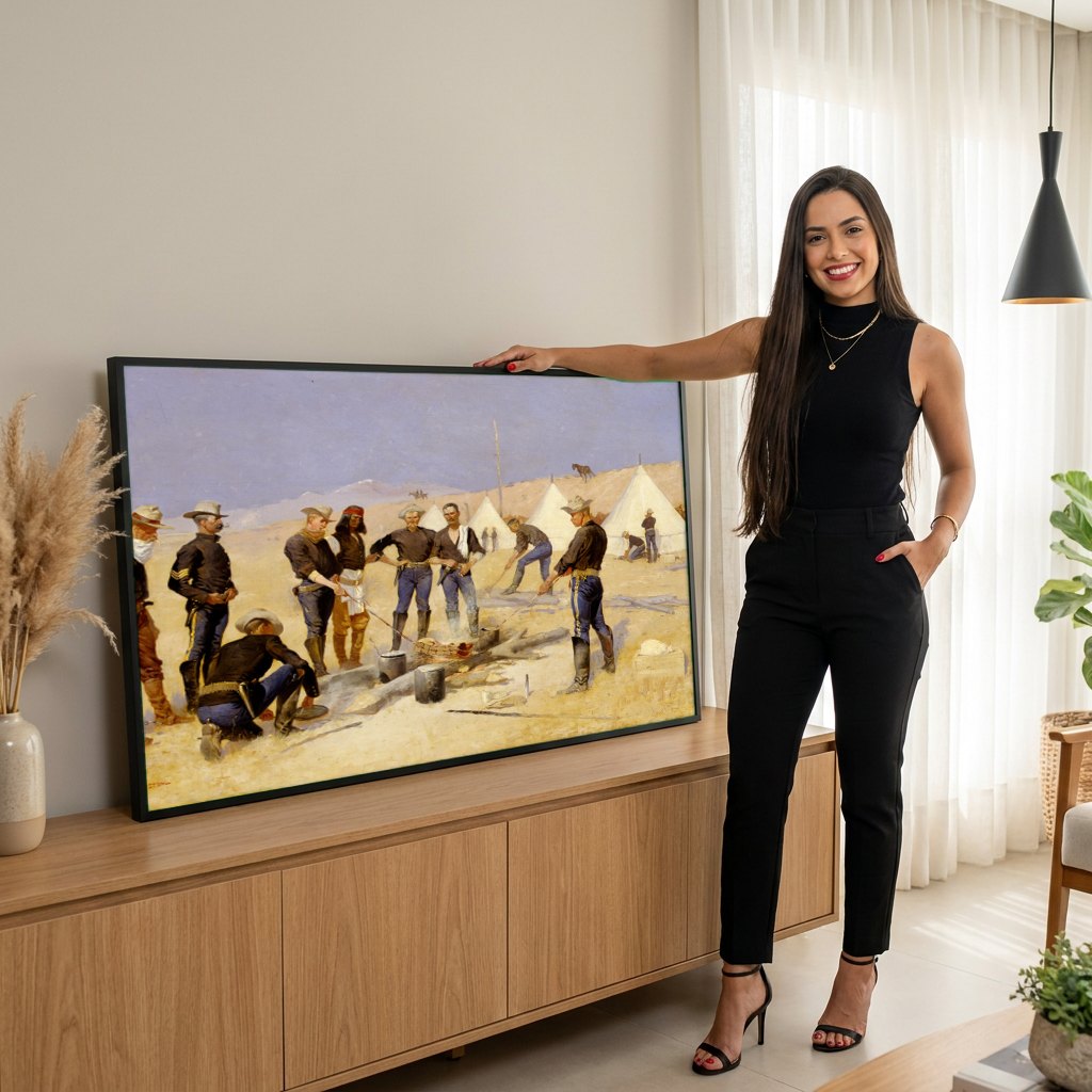 Quadro Decorativo A Cozinha do Acampamento - Frederic Remington | modelo apresentando o quadro emoldurado