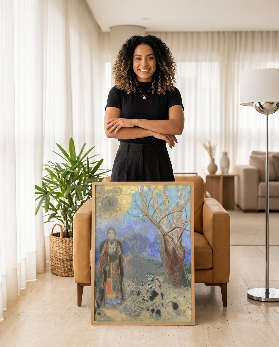 Quadro Decorativo O Buda - Odilon Redon | modelo apresentando o quadro emoldurado