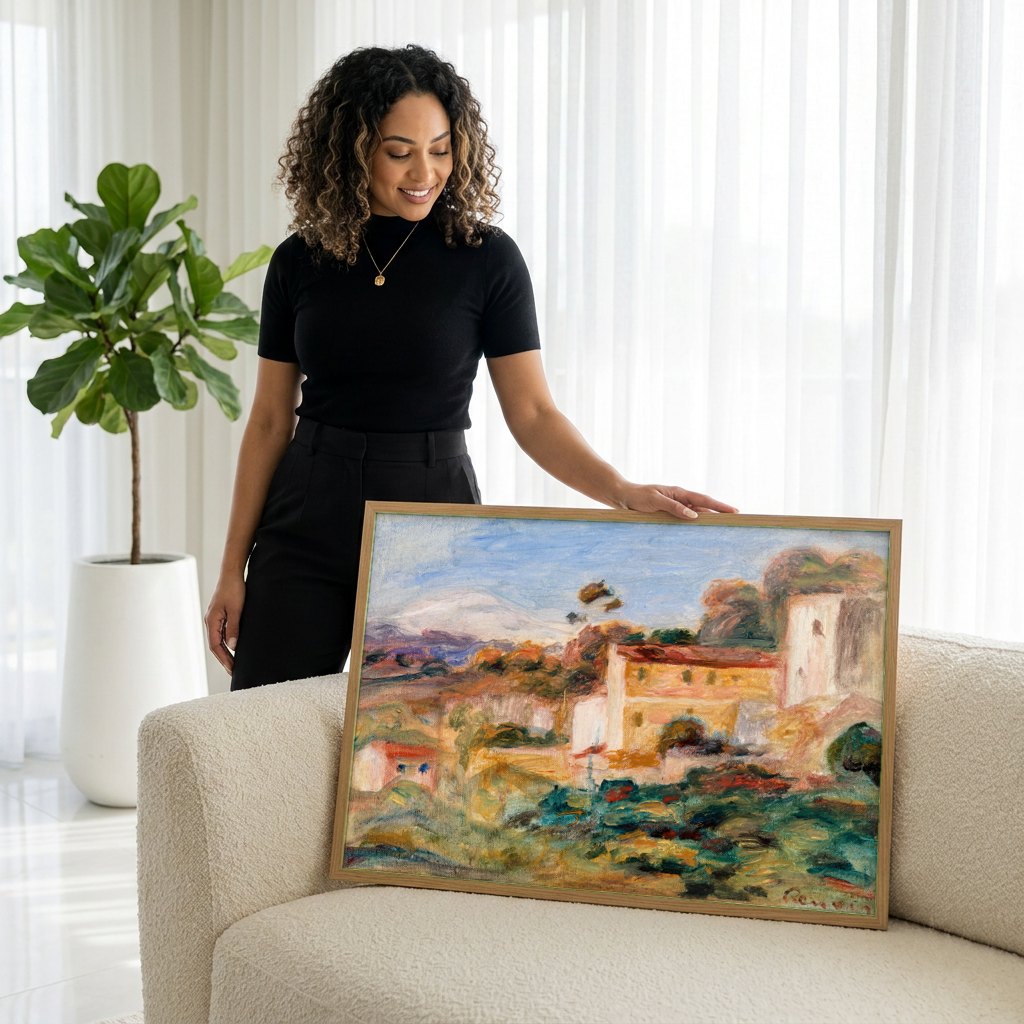 Quadro Decorativo Paisagem com Casas - Renoir | modelo apresentando o quadro emoldurado