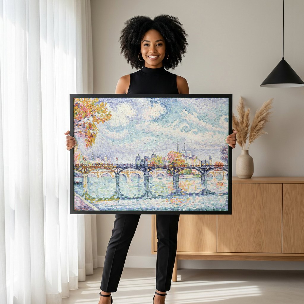 Quadro Decorativo A Ponte das Artes - Signac | modelo apresentando o quadro emoldurado