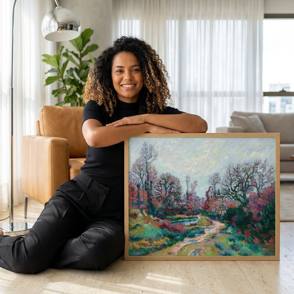 Quadro Decorativo Paisagem Outonal - Armand Guillaumin | modelo apresentando o quadro emoldurado