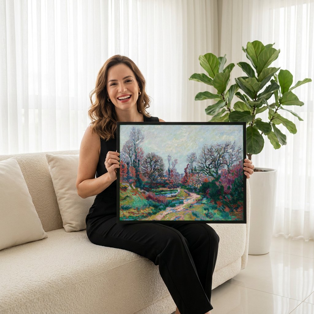 Quadro Decorativo Paisagem Outonal - Armand Guillaumin | modelo apresentando o quadro emoldurado
