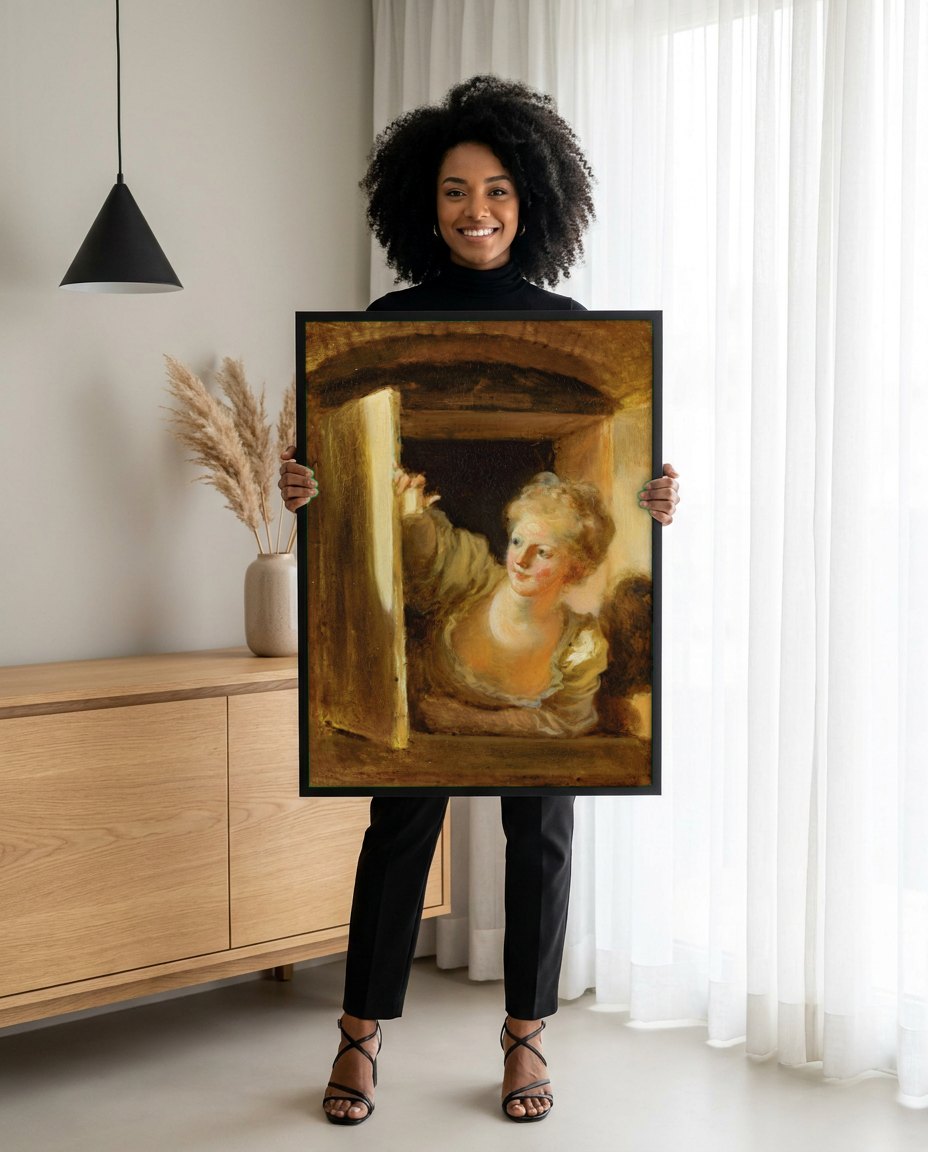 Quadro Decorativo A Jovem Curiosa - Fragonard | modelo apresentando o quadro emoldurado