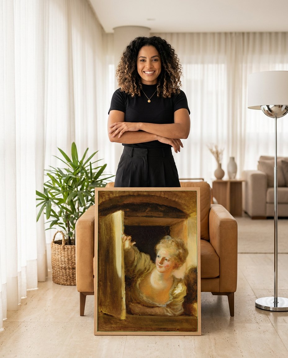 Quadro Decorativo A Jovem Curiosa - Fragonard | modelo apresentando o quadro emoldurado