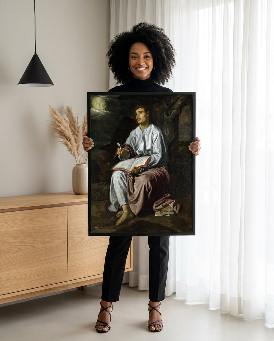Quadro Decorativo São João Evangelista na Ilha de Patmos - Velázquez | modelo apresentando o quadro emoldurado