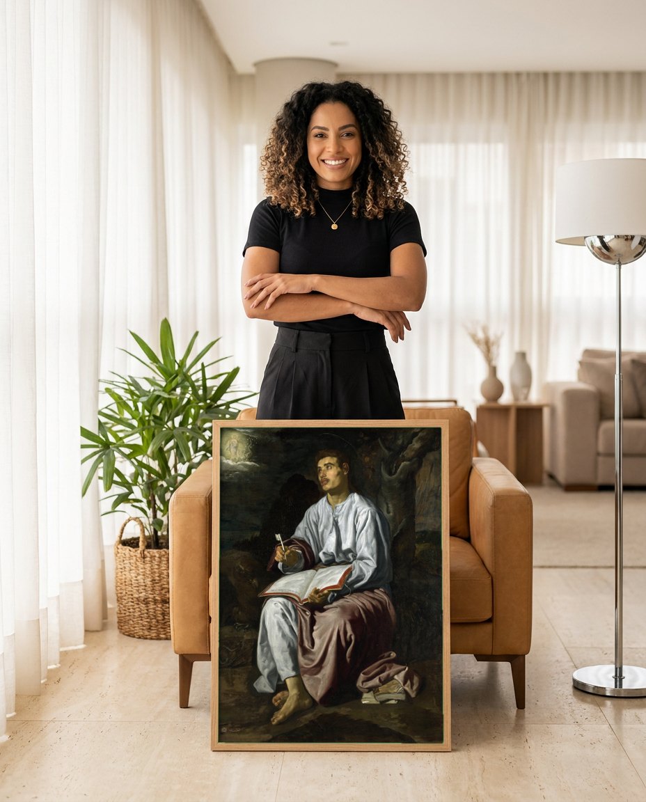 Quadro Decorativo São João Evangelista na Ilha de Patmos - Velázquez | modelo apresentando o quadro emoldurado