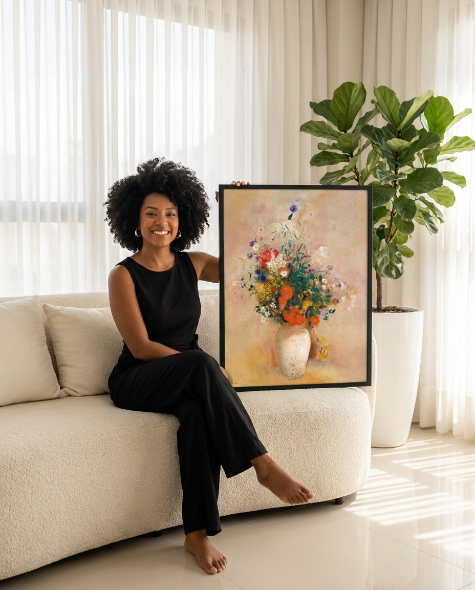 Quadro Decorativo Vaso de Flores - Odilon Redon | modelo apresentando o quadro emoldurado