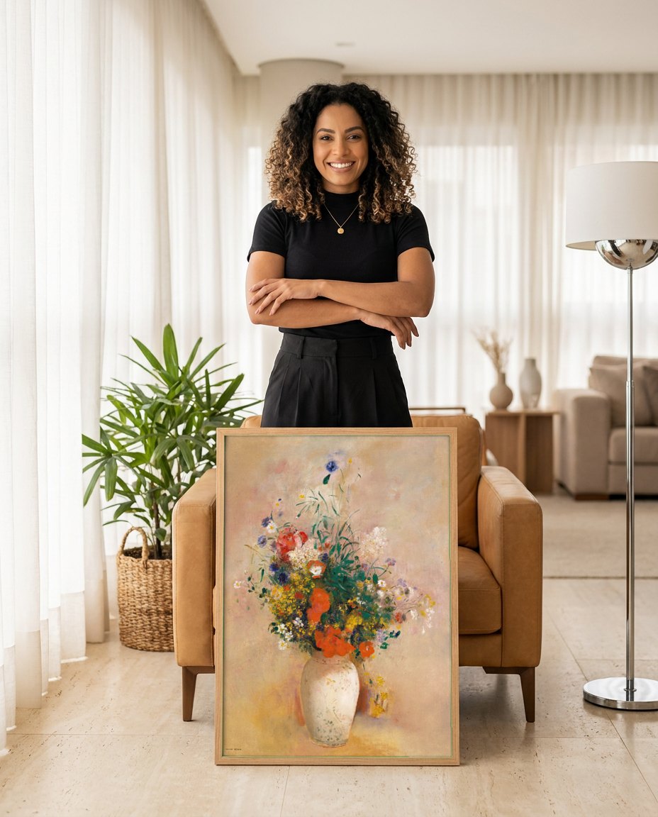 Quadro Decorativo Vaso de Flores - Odilon Redon | modelo apresentando o quadro emoldurado