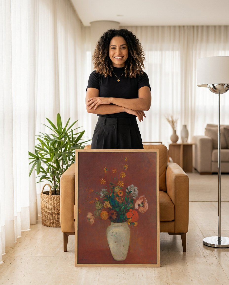 Quadro Decorativo Vaso de Flores - Odilon Redon | modelo apresentando o quadro emoldurado