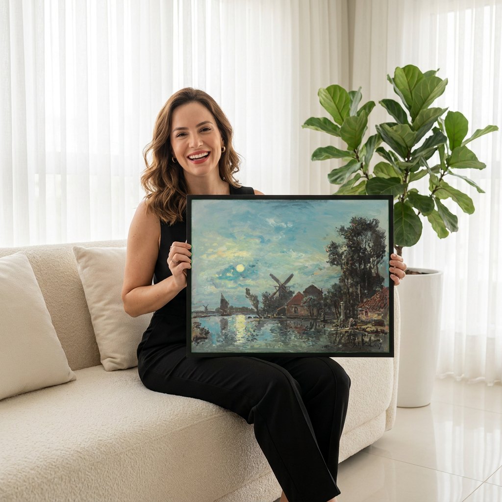 Quadro Decorativo Paisagem ao Luar - Johan Barthold Jongkind | modelo apresentando o quadro emoldurado