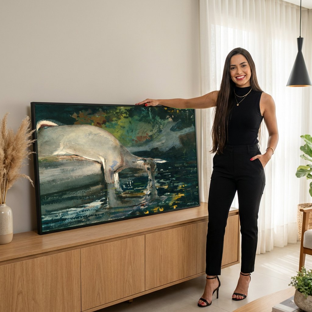 Quadro Decorativo Cervo Bebendo Água - Winslow Homer | modelo apresentando o quadro emoldurado