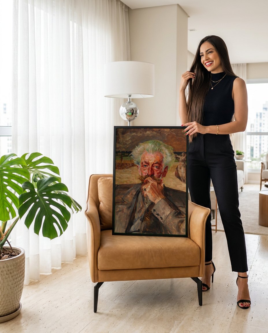 Quadro Decorativo Autorretrato com Eumenides - Jacek Malczewski | modelo apresentando o quadro emoldurado