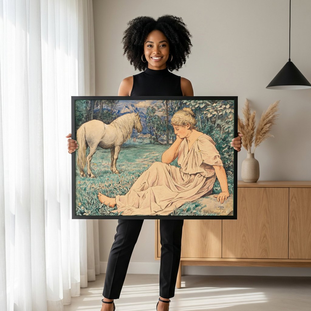 Quadro Decorativo A Ninfa e o Cavalo - Hans Thoma | modelo apresentando o quadro emoldurado