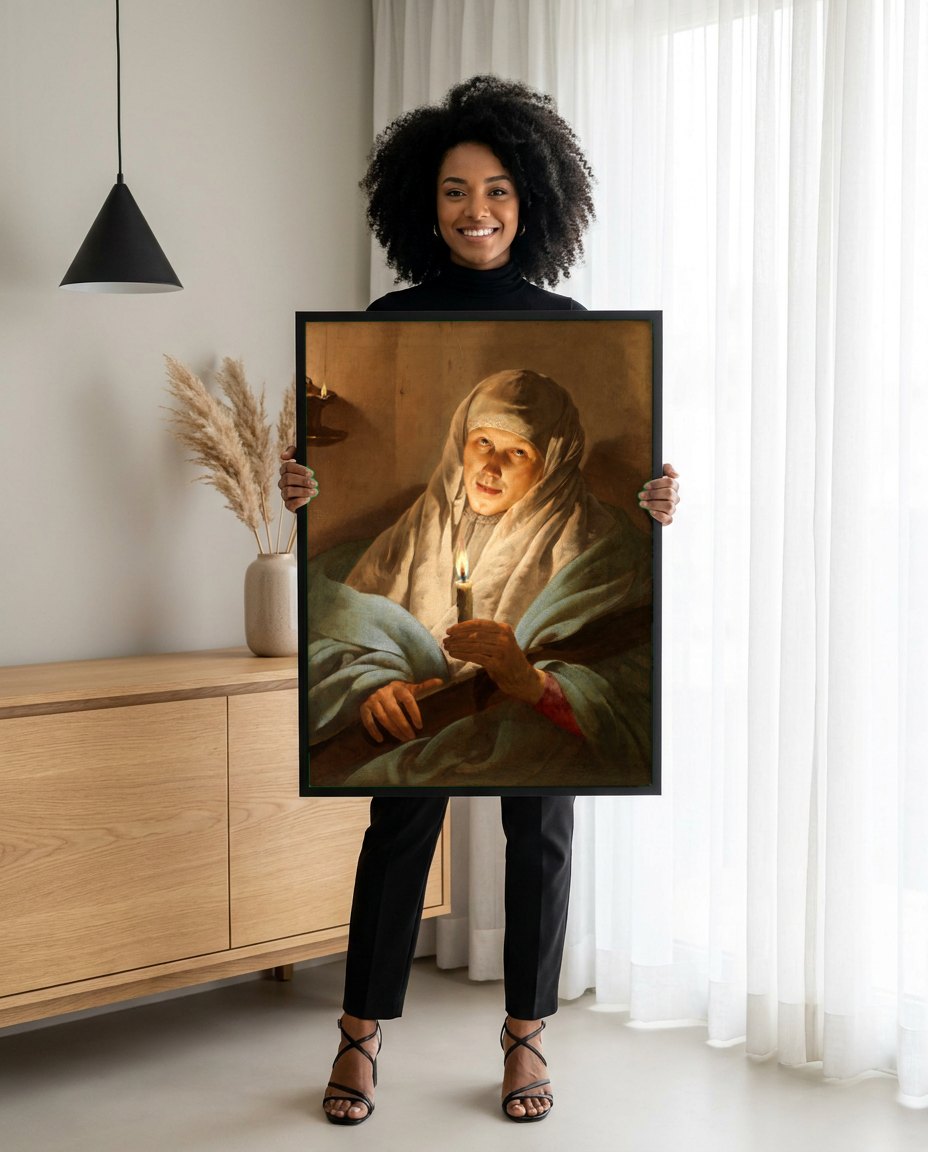 Quadro Decorativo A Jovem com a Vela - Hendrick ter Brugghen | modelo apresentando o quadro emoldurado