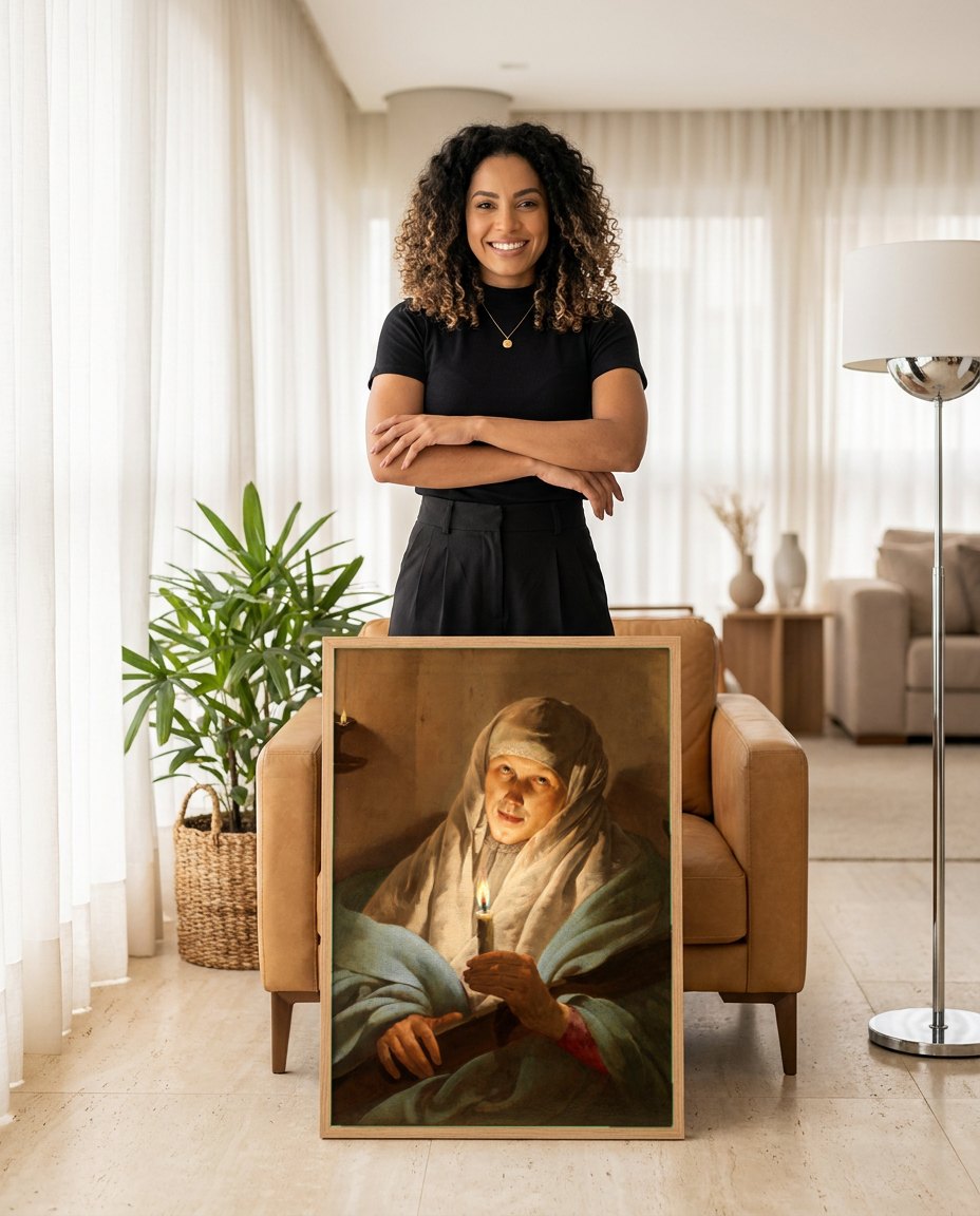 Quadro Decorativo A Jovem com a Vela - Hendrick ter Brugghen | modelo apresentando o quadro emoldurado